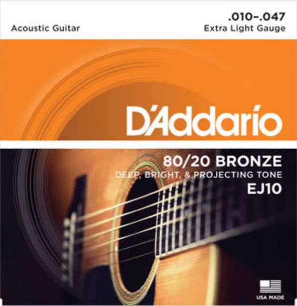 Tilbud: D'Addario EJ10 Bronze Acoustic Guitar Strings, Extra Light, 10-47 kr 85